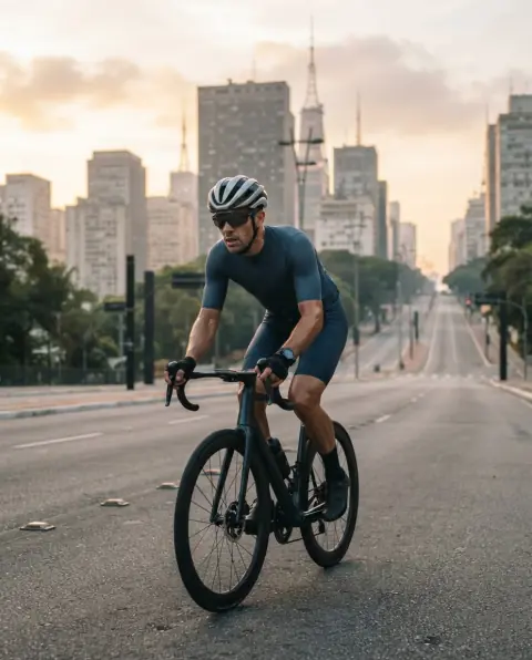 Ciclista de estrada pedalando numa avenida vazia de São Paulo ao amanhecer