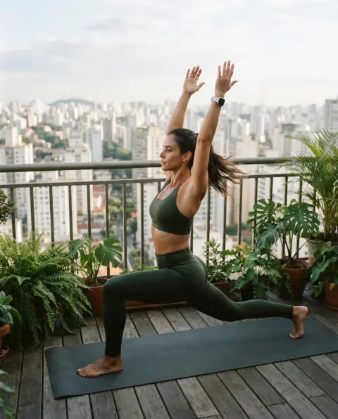 Mulher fazendo yoga na varanda, com os prédios de São Paulo ao fundo