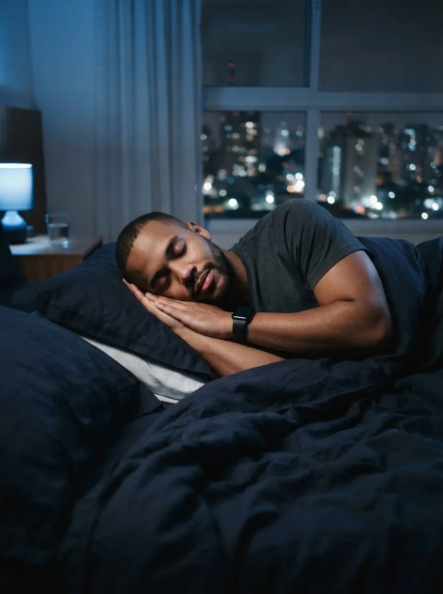 Homem dormindo, com a cidade à noite pela janela