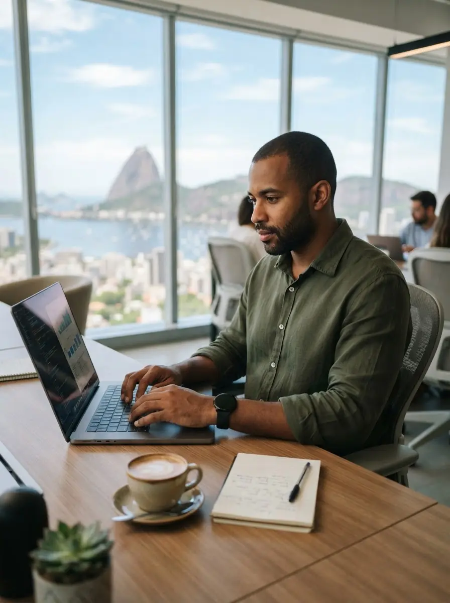 Homem trabalhando no notebook num escritório com vista para o Pão de Açúcar