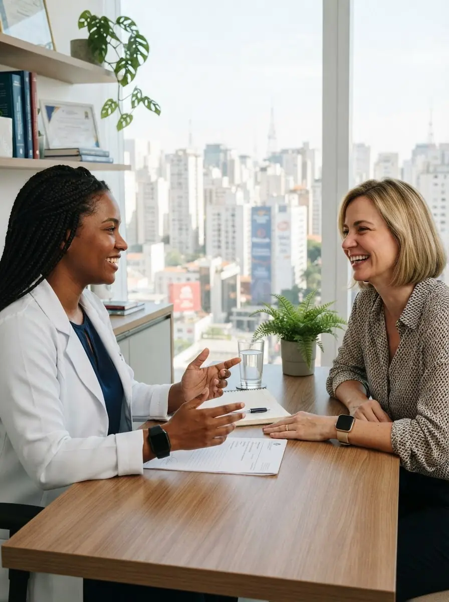 Médica conversando com a paciente no consultório